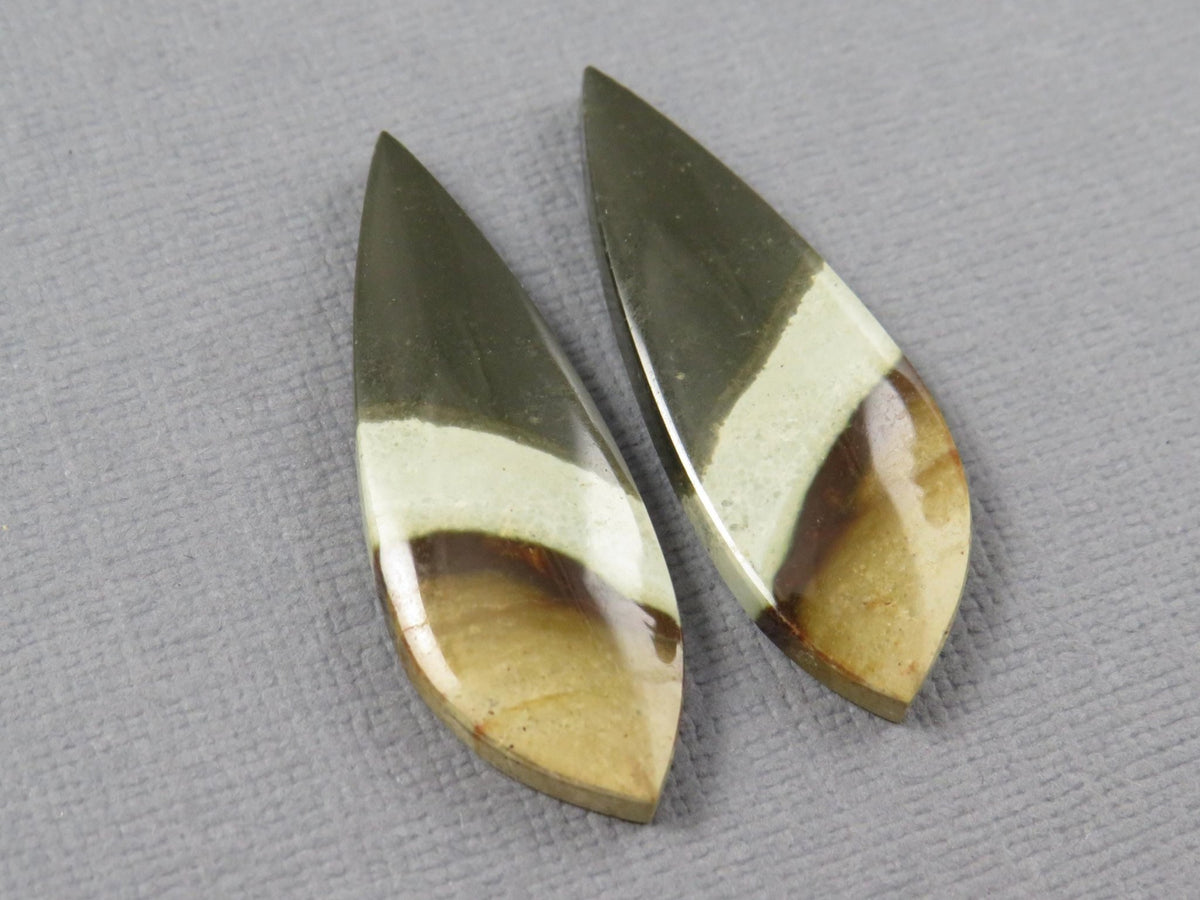 Polychrome Jasper Teardrop Cabochon Pair, Green and Brown Gemstone from Indonesia 34x12mm (JP104) - Gem Enthusiast