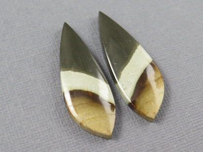 Polychrome Jasper Teardrop Cabochon Pair, Green and Brown Gemstone from Indonesia 34x12mm (JP104) - Gem Enthusiast
