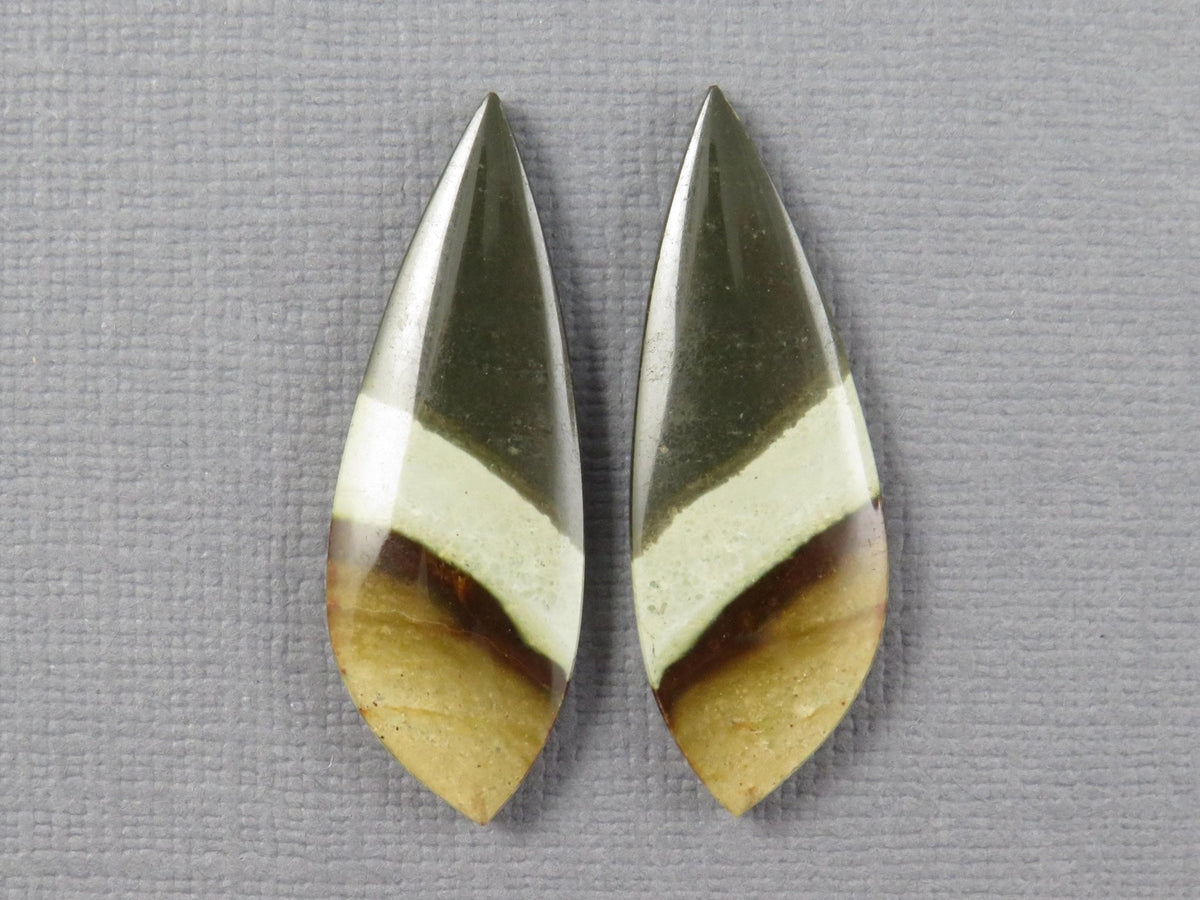 Polychrome Jasper Teardrop Cabochon Pair, Green and Brown Gemstone from Indonesia 34x12mm (JP104) - Gem Enthusiast