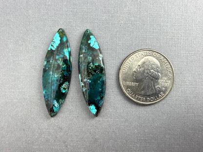 Psilomelane Chrysocolla Plume Pair | Natural Marquise Cabochon Gemstones | 38x12x4 | CH126 - Gem Enthusiast