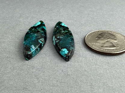 Psilomelane Chrysocolla Plume Pair | Natural Marquise Cabochon Gemstones | 38x12x4 | CH126 - Gem Enthusiast