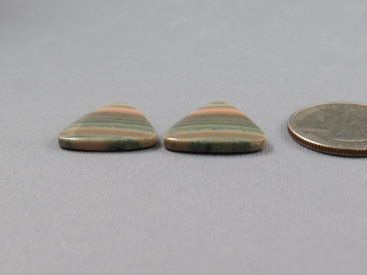 Saturn Chalcedony Cabochon Pair, Triangle, Pink and Green Banding, 21.5x19mm | CA361 - Gem Enthusiast