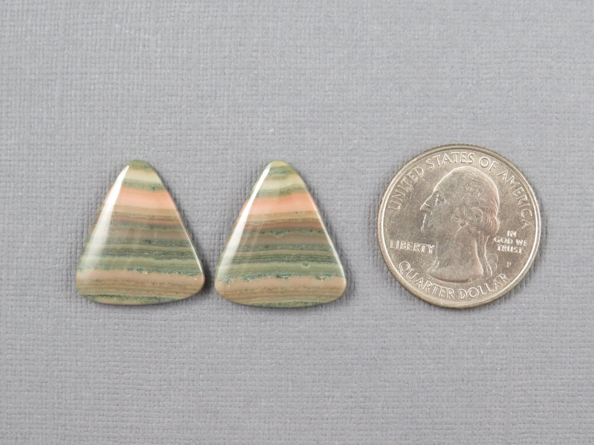 Saturn Chalcedony Cabochon Pair, Triangle, Pink and Green Banding, 21.5x19mm | CA361 - Gem Enthusiast