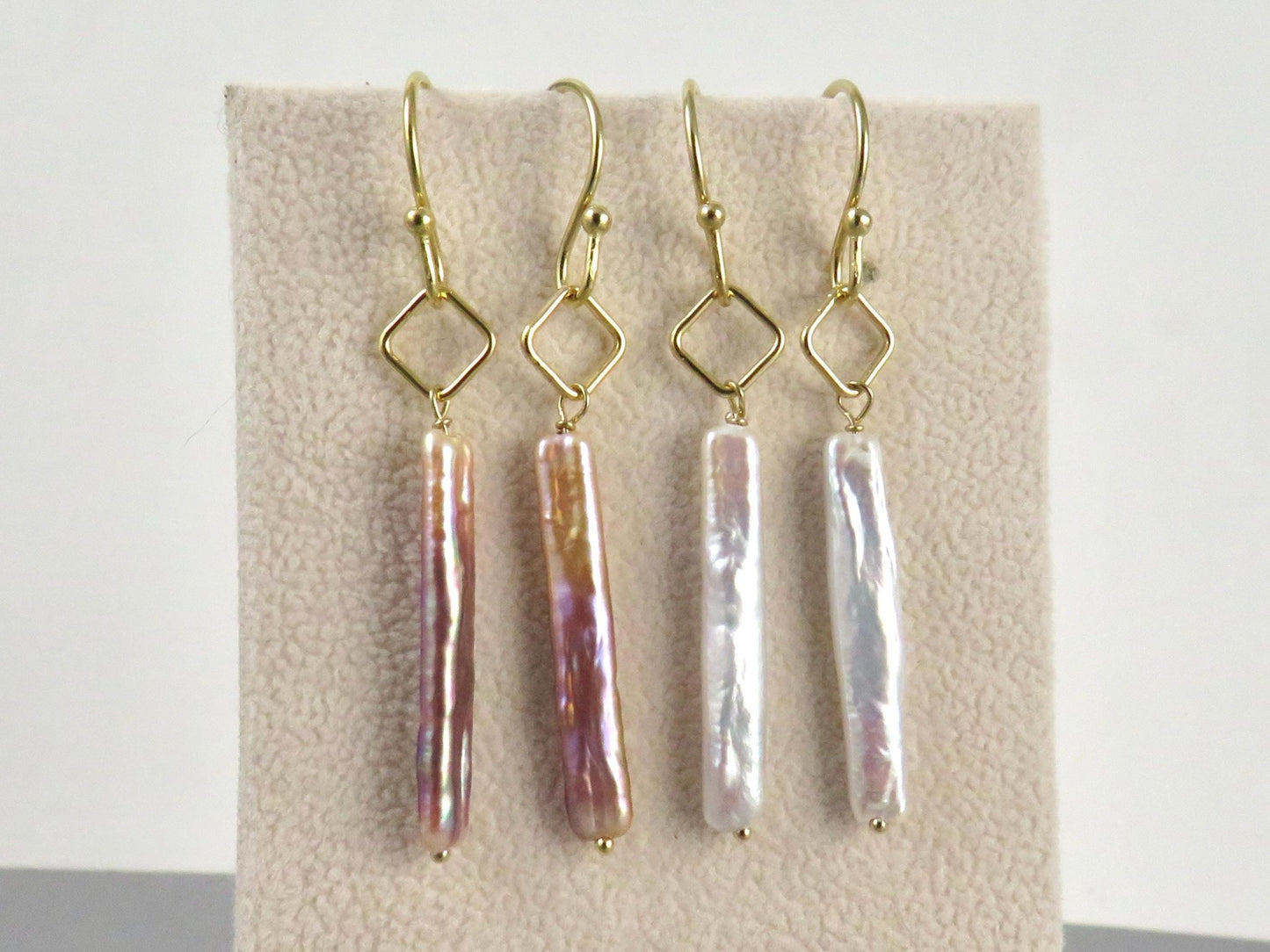 Stick Pearl Drop Earrings | 14K Gold Filled | Freshwater Pearl | White or Purple Peacock | Minimalist Everyday Earrings | Pearl Jewelry Gift - Gem Enthusiast