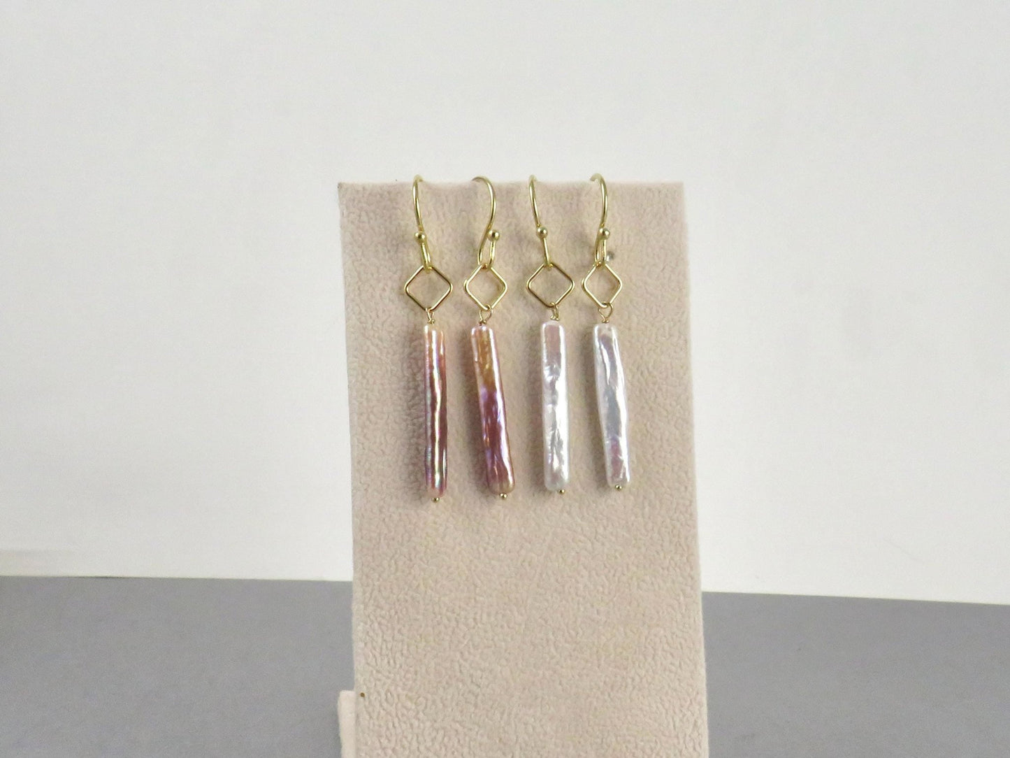 Stick Pearl Drop Earrings | 14K Gold Filled | Freshwater Pearl | White or Purple Peacock | Minimalist Everyday Earrings | Pearl Jewelry Gift - Gem Enthusiast