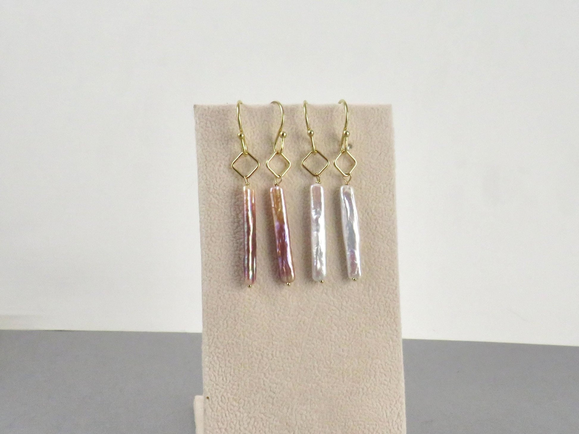 Stick Pearl Drop Earrings | 14K Gold Filled | Freshwater Pearl | White or Purple Peacock | Minimalist Everyday Earrings | Pearl Jewelry Gift - Gem Enthusiast